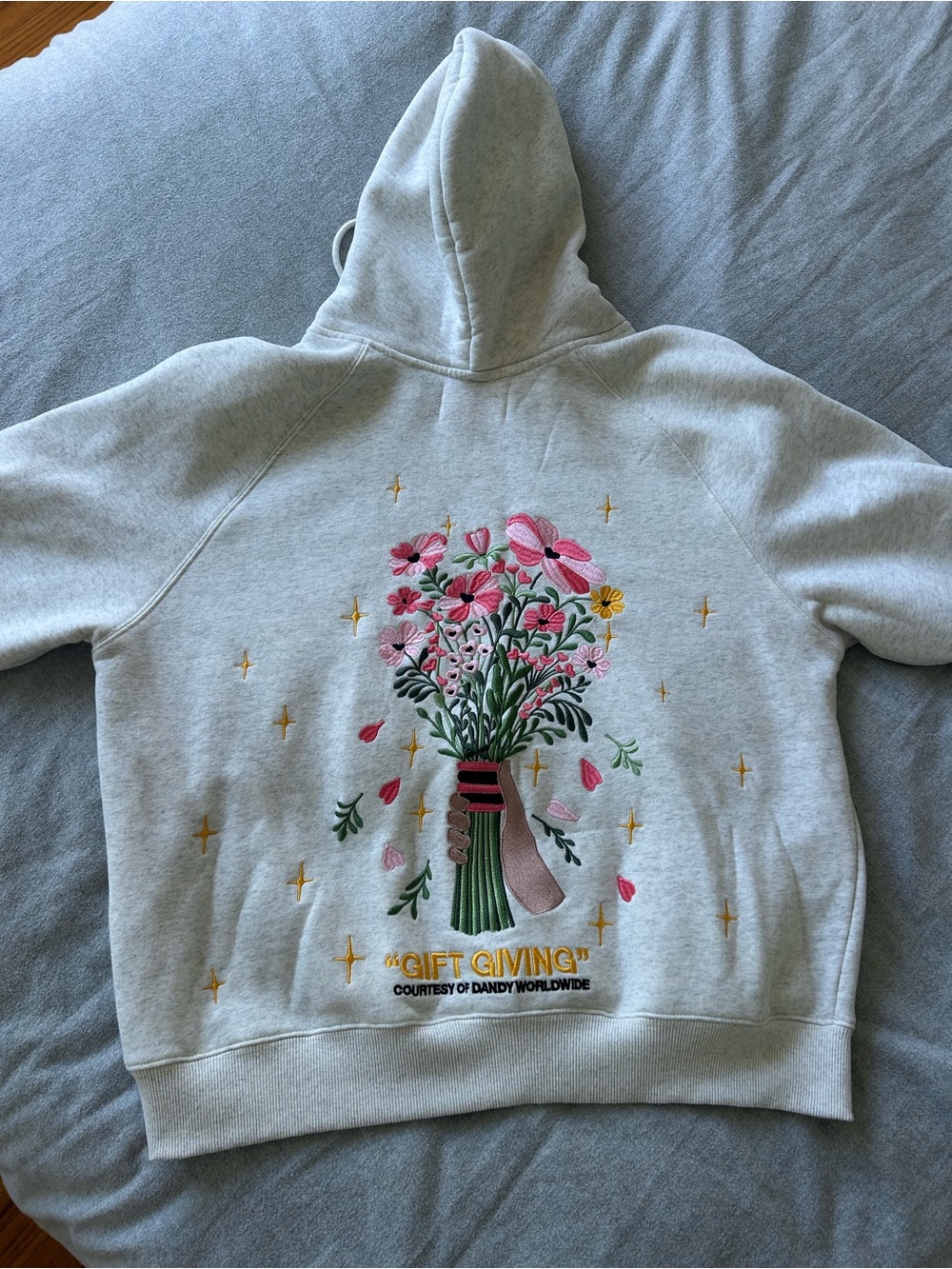 Dandy Worldwide “Gift Giving" Light Gray Hoodie with Floral Embroidery